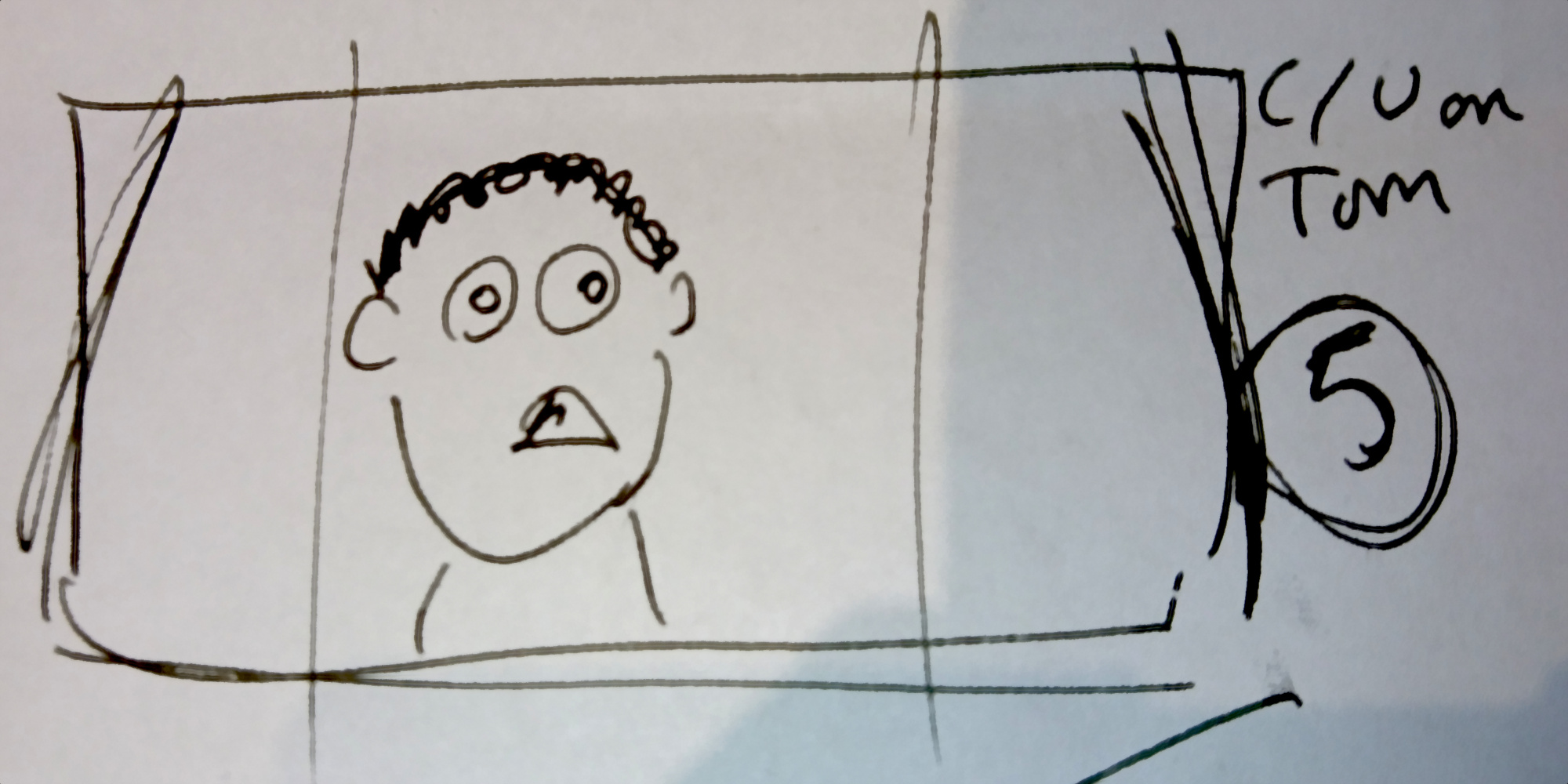 Cropped storyboard: a drawing of a worried little guy is labelled 'C/U on Tom'